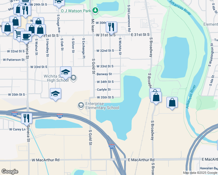 map of restaurants, bars, coffee shops, grocery stores, and more near 350 Carlyle Street in Wichita