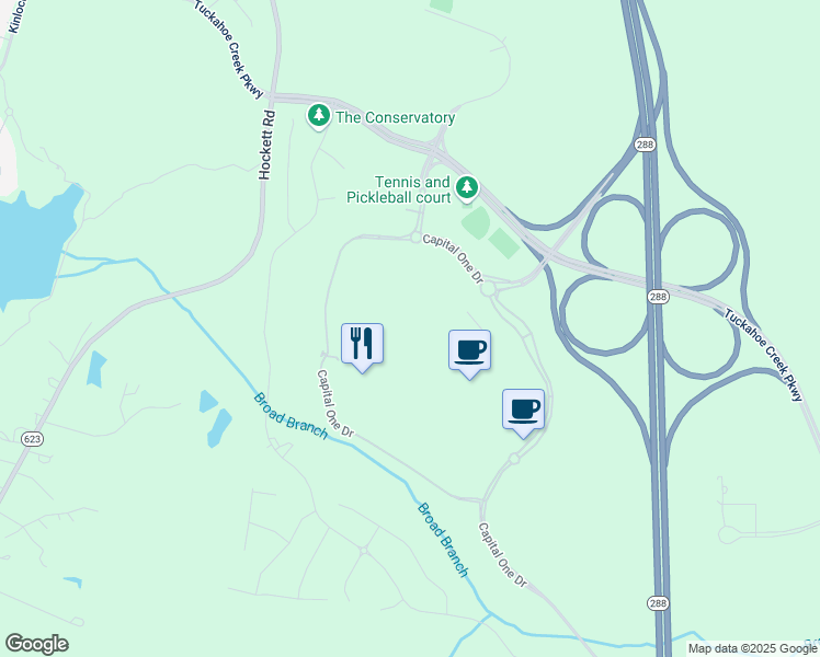 map of restaurants, bars, coffee shops, grocery stores, and more near 15030 Capital One Drive in Henrico