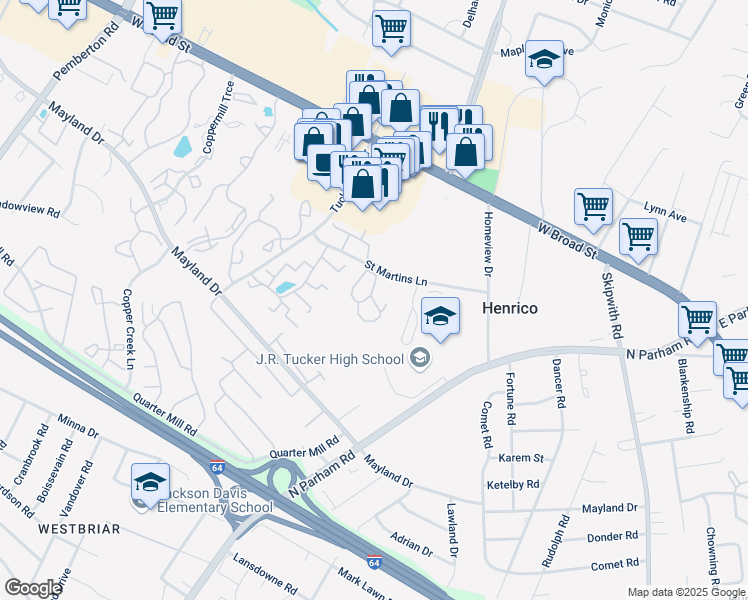 map of restaurants, bars, coffee shops, grocery stores, and more near 3223 St Martins Trail in Henrico