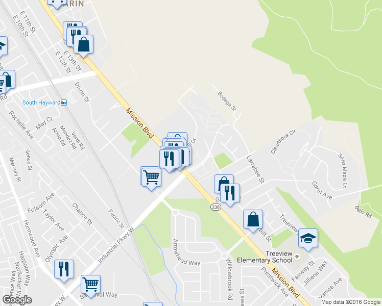 map of restaurants, bars, coffee shops, grocery stores, and more near 29629 Mountain Oak Court in Hayward