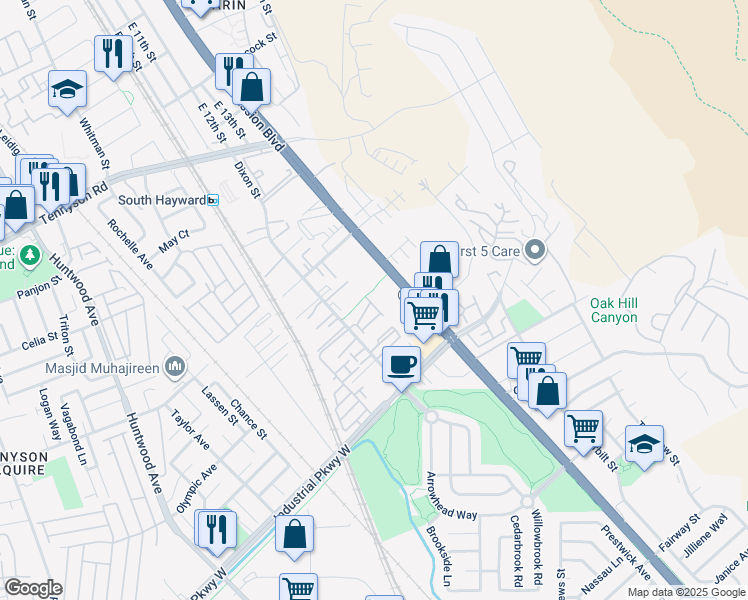 map of restaurants, bars, coffee shops, grocery stores, and more near 385 Line Street in Hayward