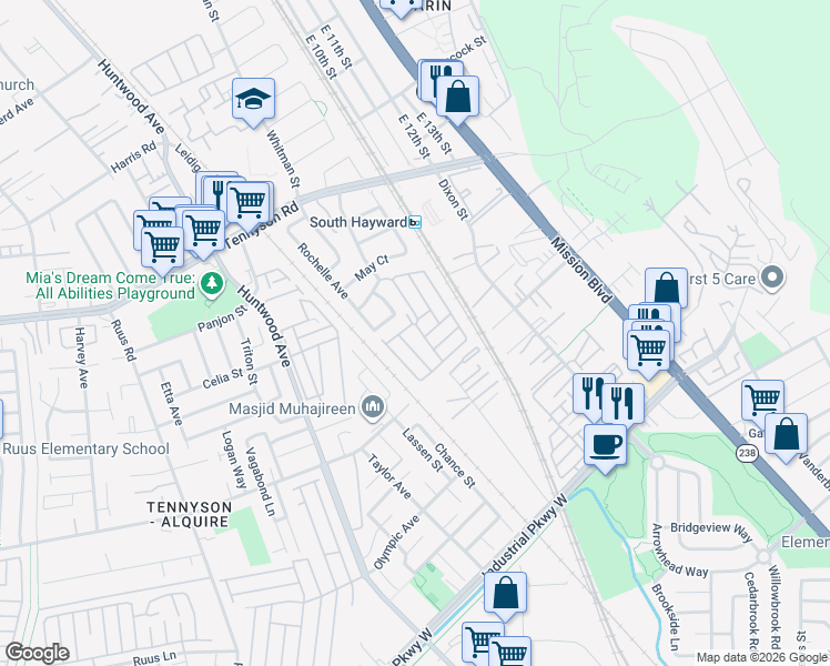 map of restaurants, bars, coffee shops, grocery stores, and more near 29173 De La Cruz Road in Hayward