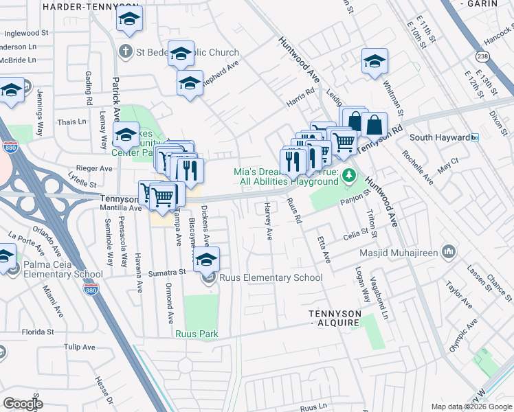 map of restaurants, bars, coffee shops, grocery stores, and more near 27989 Lancelot Court in Hayward