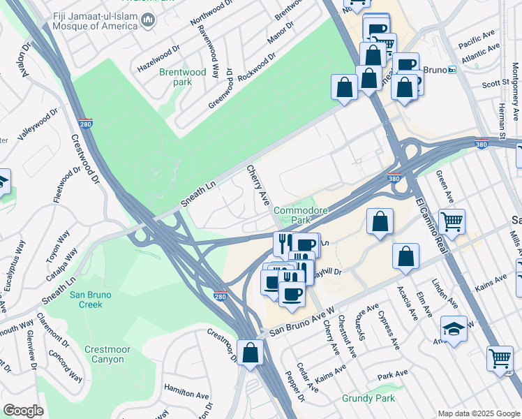 map of restaurants, bars, coffee shops, grocery stores, and more near 104 Boardwalk Place in San Bruno