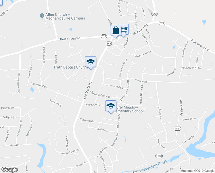 map of restaurants, bars, coffee shops, grocery stores, and more near 7021 Hawks Hill Lane in Mechanicsville