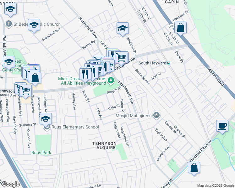 map of restaurants, bars, coffee shops, grocery stores, and more near 28537 Triton Street in Hayward