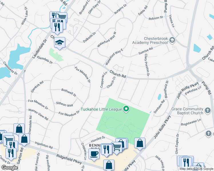 map of restaurants, bars, coffee shops, grocery stores, and more near 12911 Church Court in Richmond