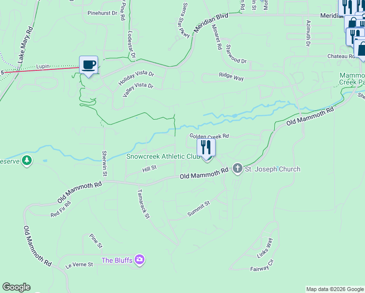 map of restaurants, bars, coffee shops, grocery stores, and more near 549 Golden Creek Road in Mammoth Lakes