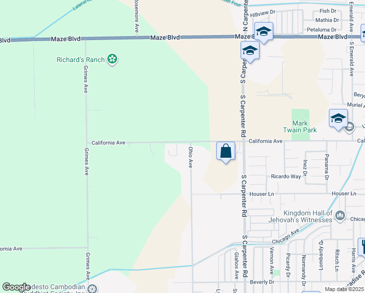 map of restaurants, bars, coffee shops, grocery stores, and more near 1824 California Avenue in Modesto