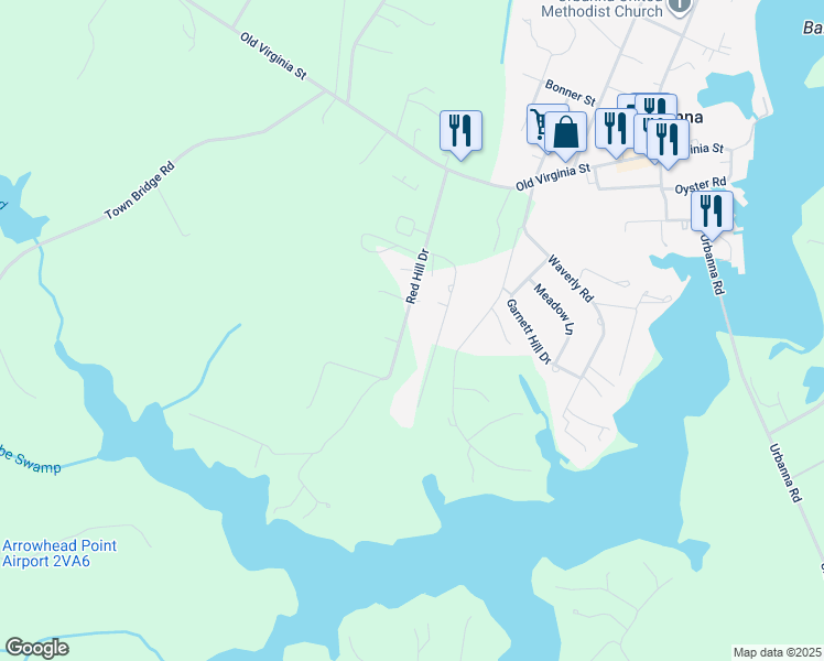 map of restaurants, bars, coffee shops, grocery stores, and more near 343 Red Hill Drive in Urbanna