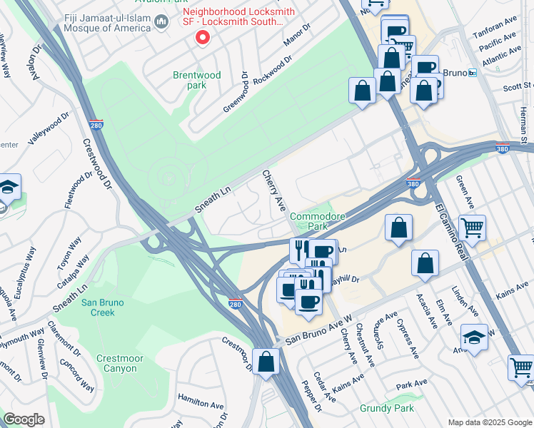 map of restaurants, bars, coffee shops, grocery stores, and more near 213 Boardwalk Avenue in San Bruno