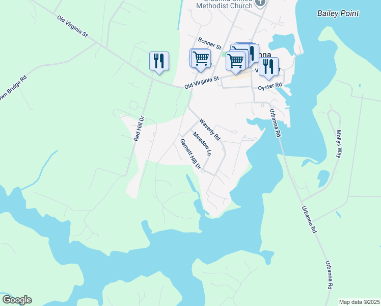 map of restaurants, bars, coffee shops, grocery stores, and more near Garnett Hill Drive in Urbanna