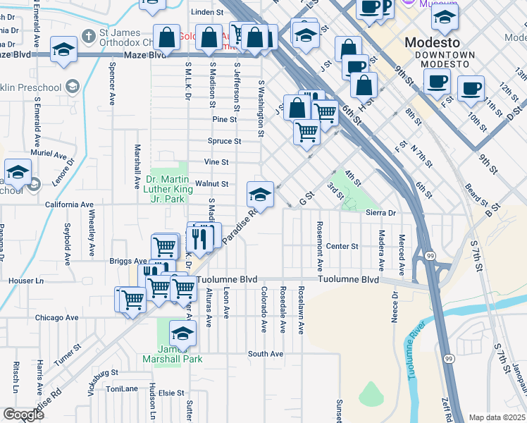 map of restaurants, bars, coffee shops, grocery stores, and more near 18 H Street in Modesto