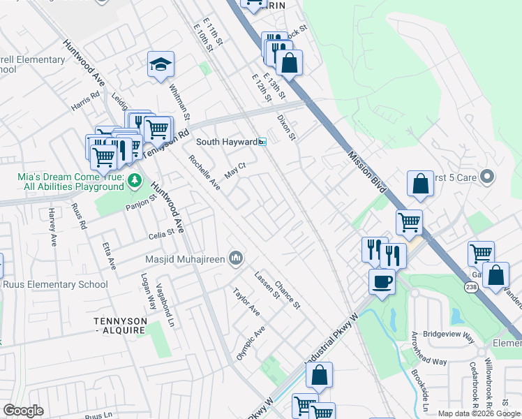 map of restaurants, bars, coffee shops, grocery stores, and more near 29130 Delgado Road in Hayward