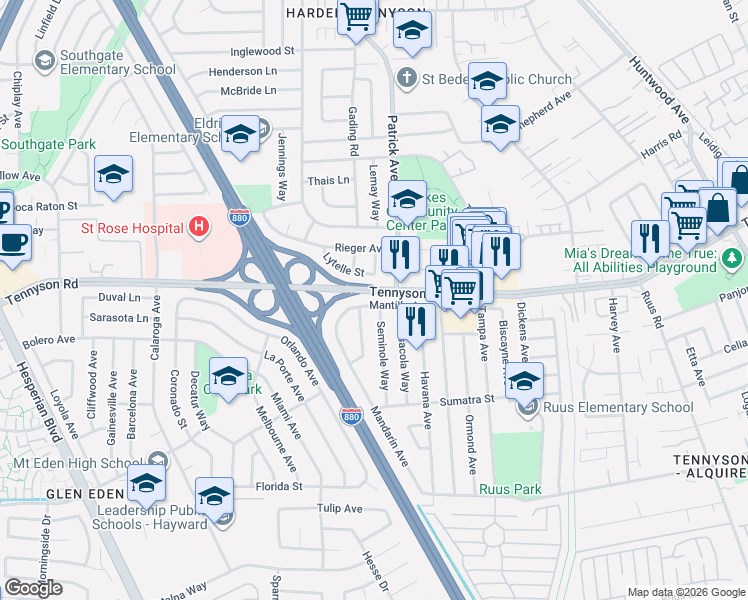 map of restaurants, bars, coffee shops, grocery stores, and more near 27639 Seminole Way in Hayward