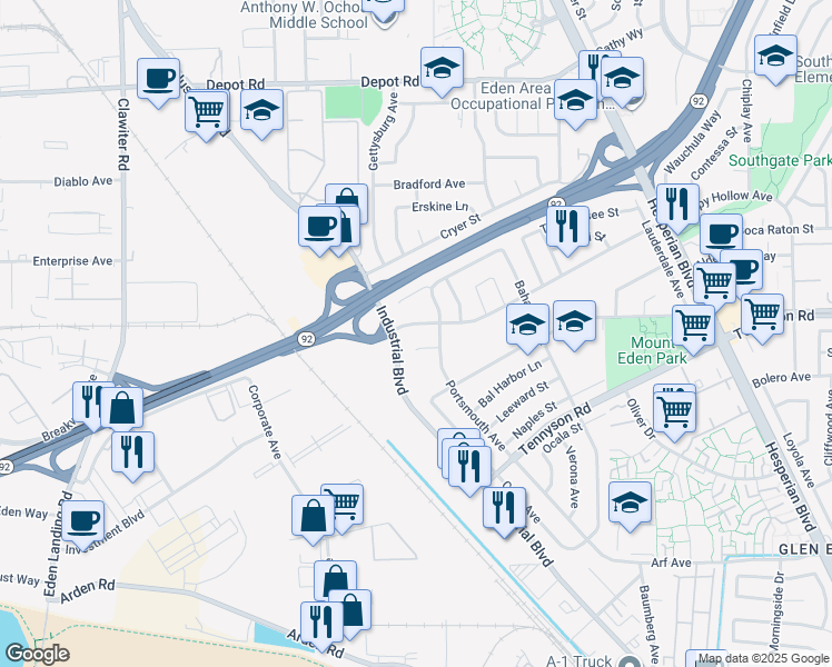 map of restaurants, bars, coffee shops, grocery stores, and more near 2799 Cook Place in Hayward