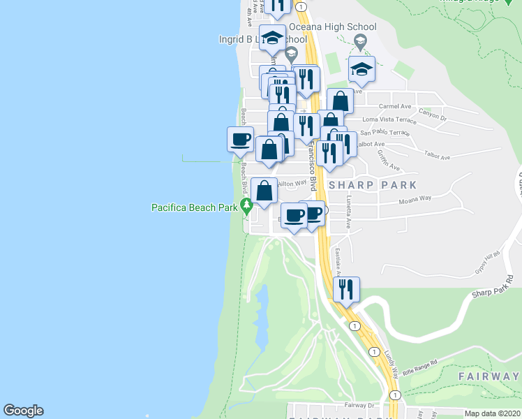 map of restaurants, bars, coffee shops, grocery stores, and more near 2309 Palmetto Avenue in Pacifica