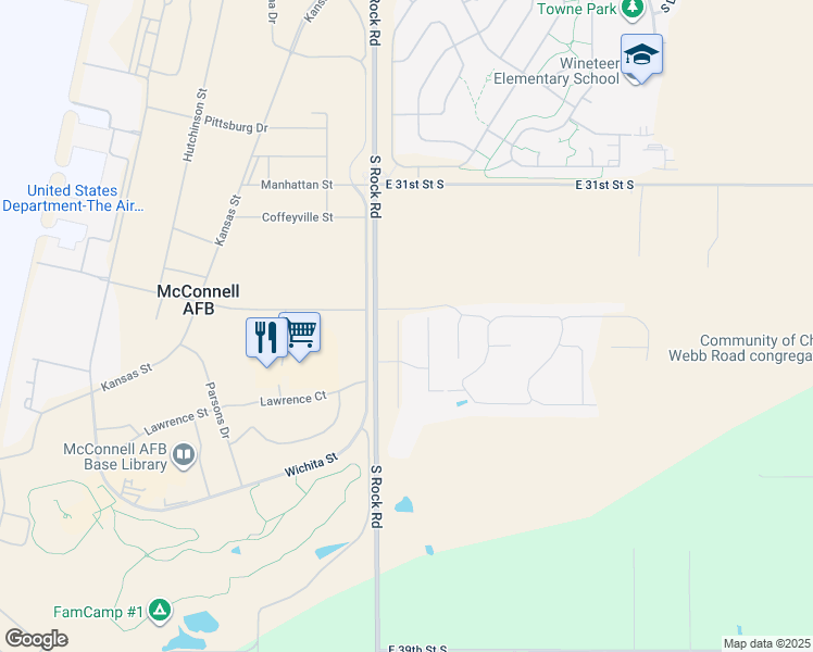 map of restaurants, bars, coffee shops, grocery stores, and more near 3636 South Rock Road in Wichita