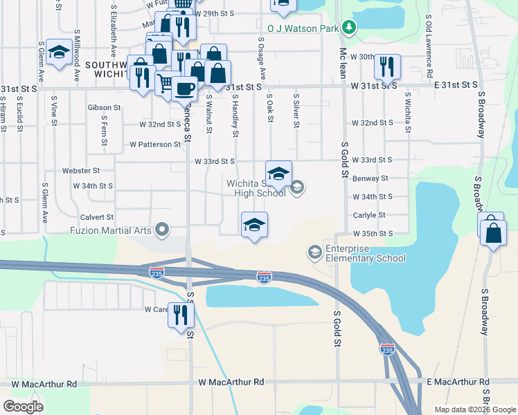 map of restaurants, bars, coffee shops, grocery stores, and more near 3539 South Osage Avenue in Wichita