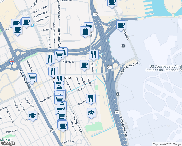 map of restaurants, bars, coffee shops, grocery stores, and more near 774 San Bruno Avenue East in San Bruno