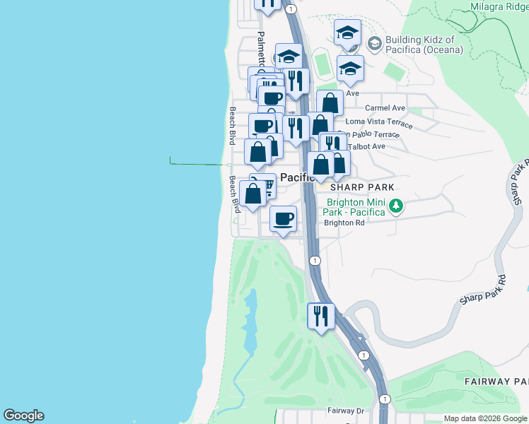 map of restaurants, bars, coffee shops, grocery stores, and more near 2309 Palmetto Avenue in Pacifica