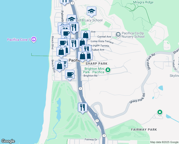 map of restaurants, bars, coffee shops, grocery stores, and more near 380 Brighton Road in Pacifica