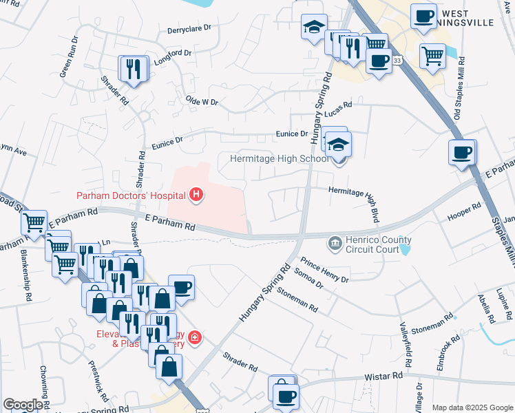 map of restaurants, bars, coffee shops, grocery stores, and more near 7600 East Parham Road in Henrico