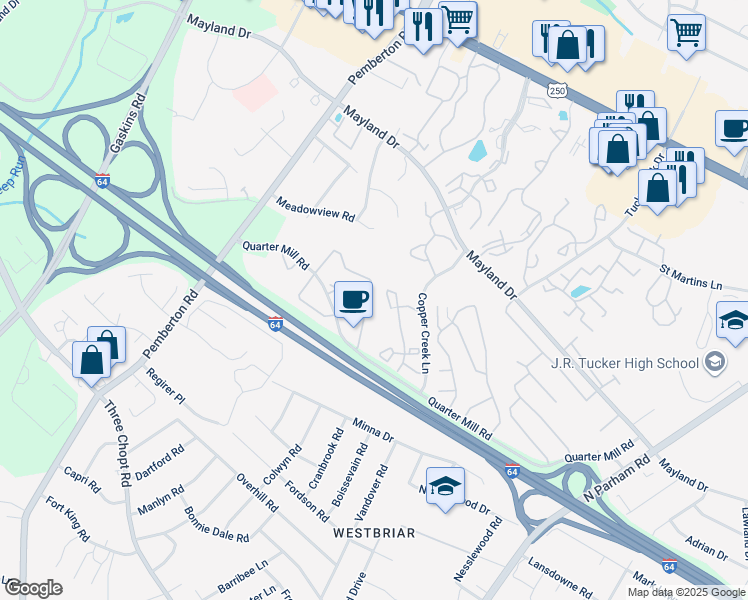 map of restaurants, bars, coffee shops, grocery stores, and more near 2853 Queensland Drive in Richmond