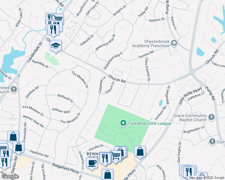 map of restaurants, bars, coffee shops, grocery stores, and more near 12911 Church Court in Richmond