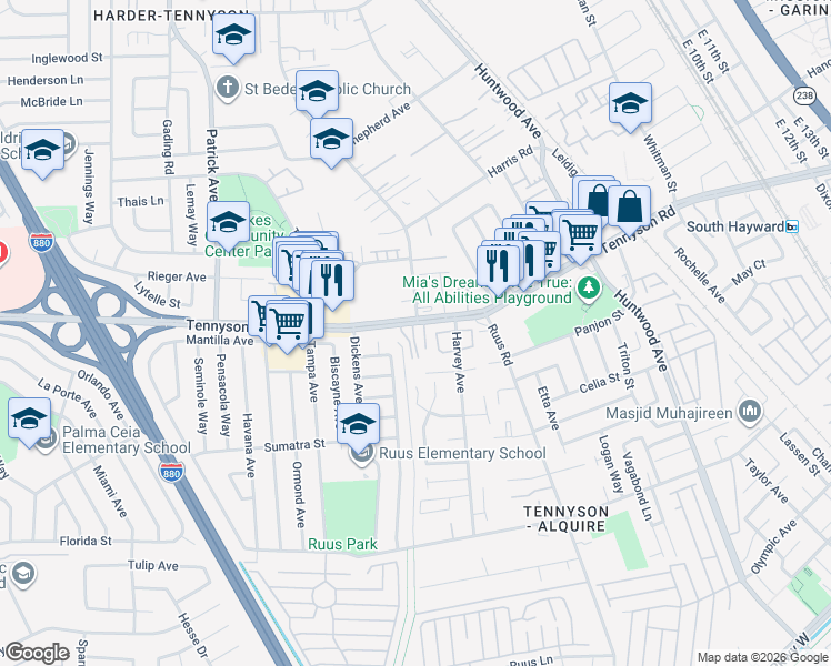 map of restaurants, bars, coffee shops, grocery stores, and more near 918 West Tennyson Road in Hayward
