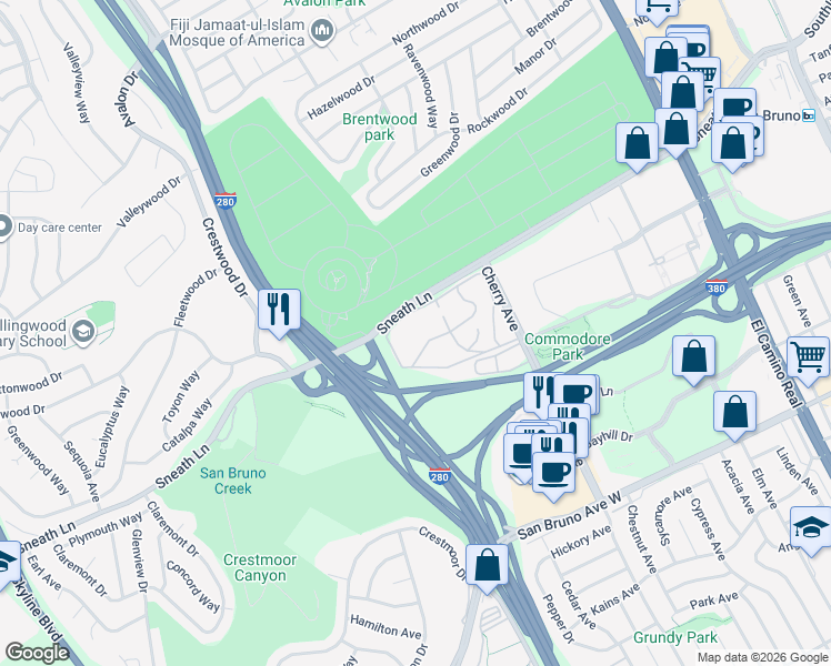 map of restaurants, bars, coffee shops, grocery stores, and more near 410 Boardwalk Drive in San Bruno