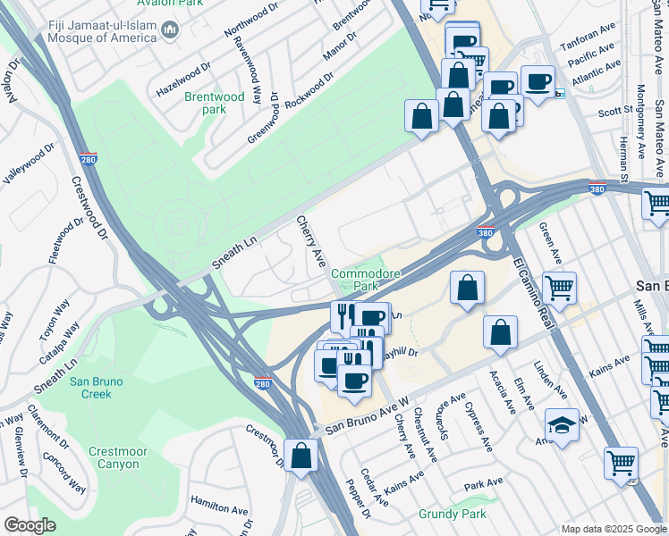map of restaurants, bars, coffee shops, grocery stores, and more near 1126 Cherry Avenue in San Bruno