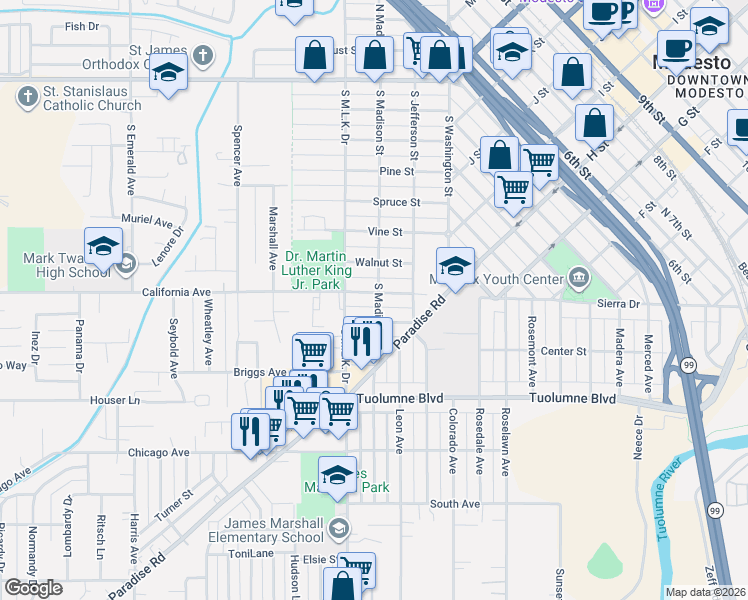map of restaurants, bars, coffee shops, grocery stores, and more near 308 Ruberto Street in Modesto