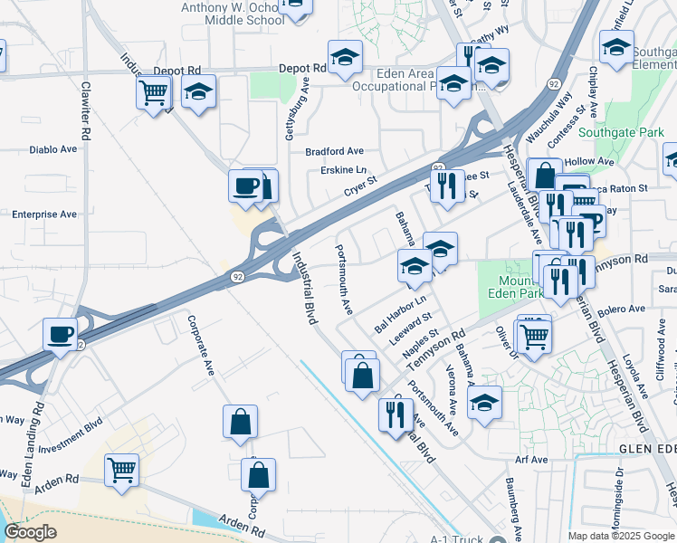 map of restaurants, bars, coffee shops, grocery stores, and more near 2758 Sleepy Hollow Avenue in Hayward