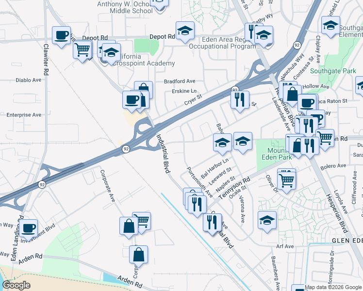 map of restaurants, bars, coffee shops, grocery stores, and more near 2758 Sleepy Hollow Avenue in Hayward