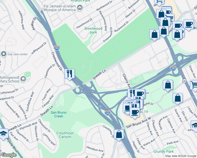 map of restaurants, bars, coffee shops, grocery stores, and more near 410 Boardwalk Drive in San Bruno