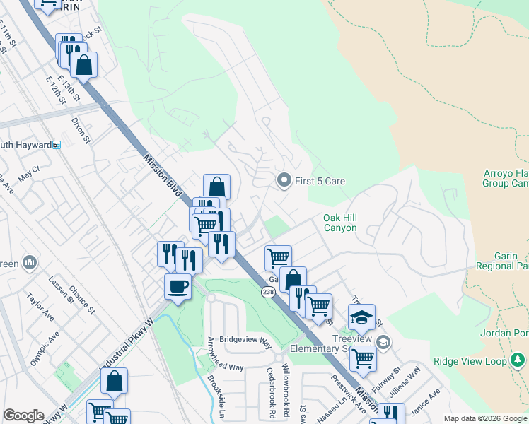 map of restaurants, bars, coffee shops, grocery stores, and more near 627 Alquire Parkway in Hayward
