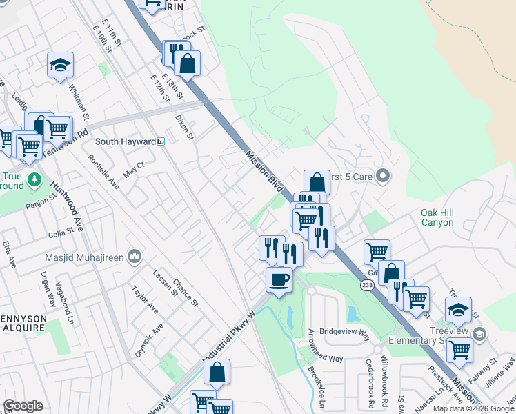 map of restaurants, bars, coffee shops, grocery stores, and more near 373 Arc Court in Hayward