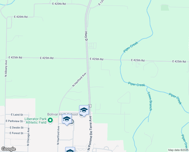 map of restaurants, bars, coffee shops, grocery stores, and more near 4268 Highway D in Bolivar