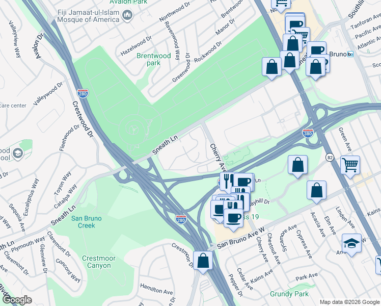 map of restaurants, bars, coffee shops, grocery stores, and more near 2 San Bruno Avenue West in San Bruno