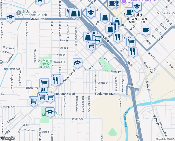 map of restaurants, bars, coffee shops, grocery stores, and more near 4 G Street in Modesto