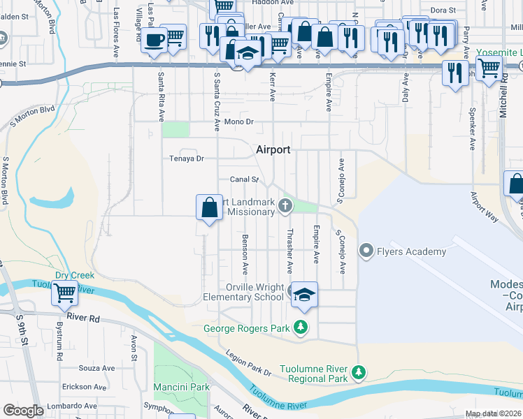 map of restaurants, bars, coffee shops, grocery stores, and more near 611 Kerr Avenue in Modesto