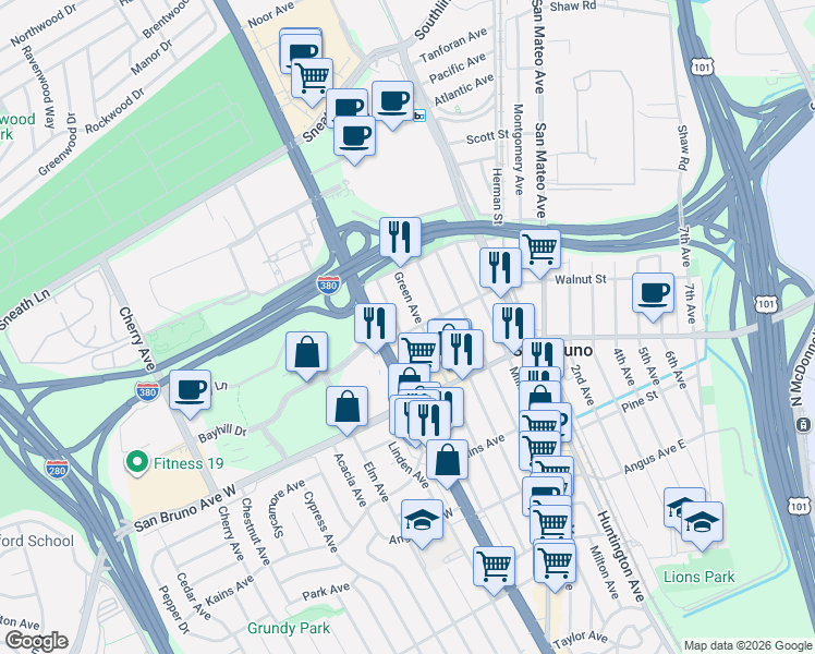 map of restaurants, bars, coffee shops, grocery stores, and more near 876 Hensley Avenue in San Bruno