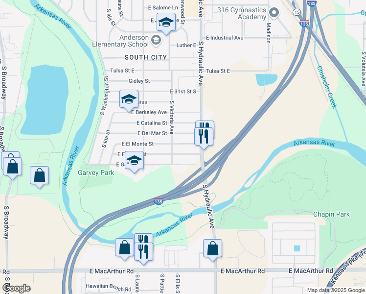map of restaurants, bars, coffee shops, grocery stores, and more near 1523 East Fortuna Street in Wichita