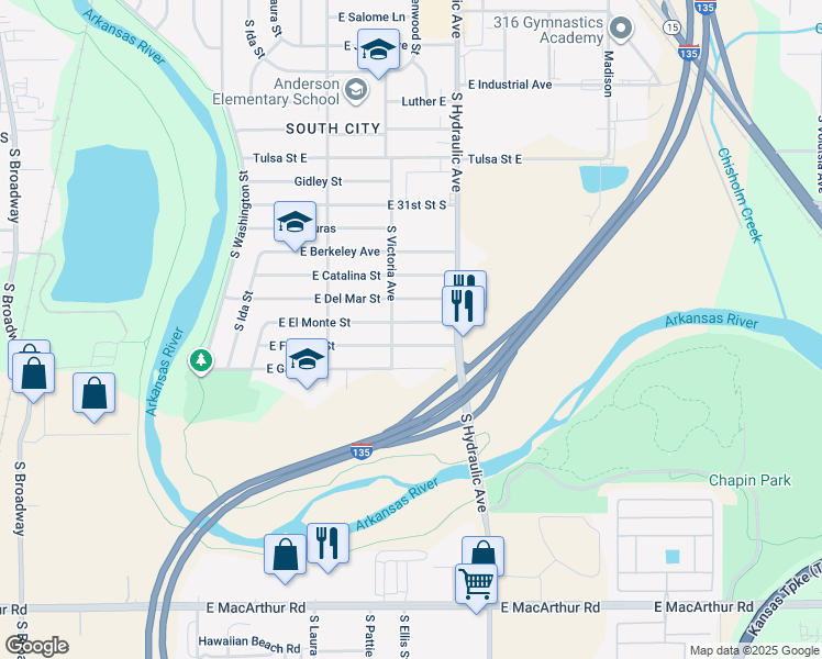 map of restaurants, bars, coffee shops, grocery stores, and more near 1523 East Fortuna Street in Wichita