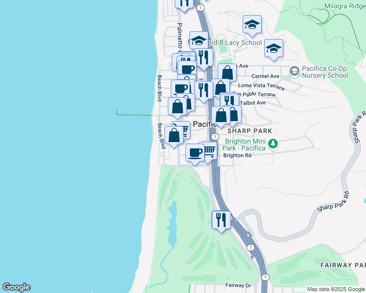 map of restaurants, bars, coffee shops, grocery stores, and more near 2309 Palmetto Avenue in Pacifica