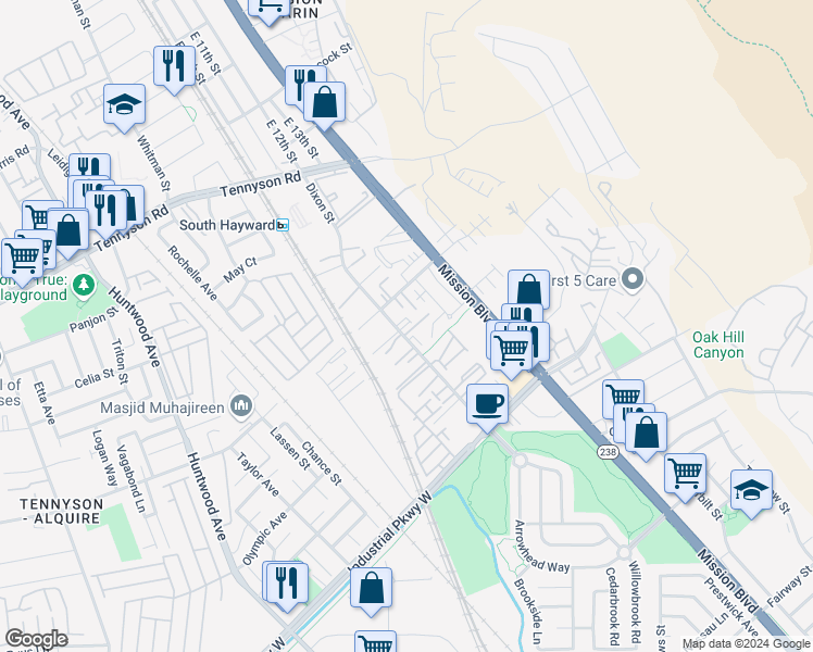 map of restaurants, bars, coffee shops, grocery stores, and more near 29318 Dixon Street in Hayward
