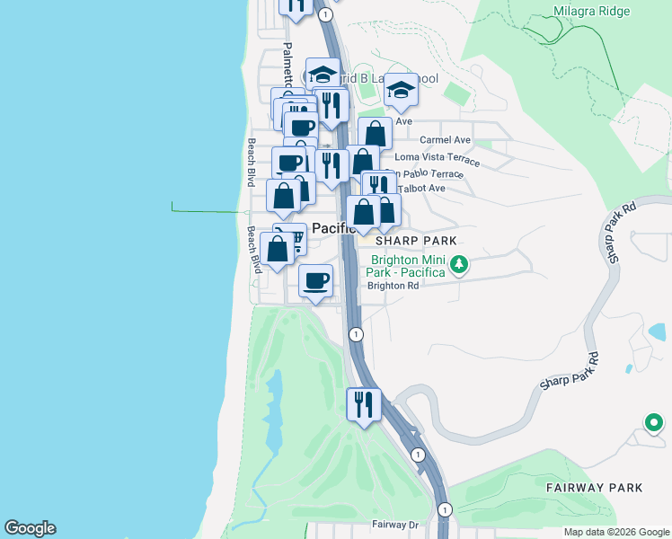 map of restaurants, bars, coffee shops, grocery stores, and more near in Pacifica