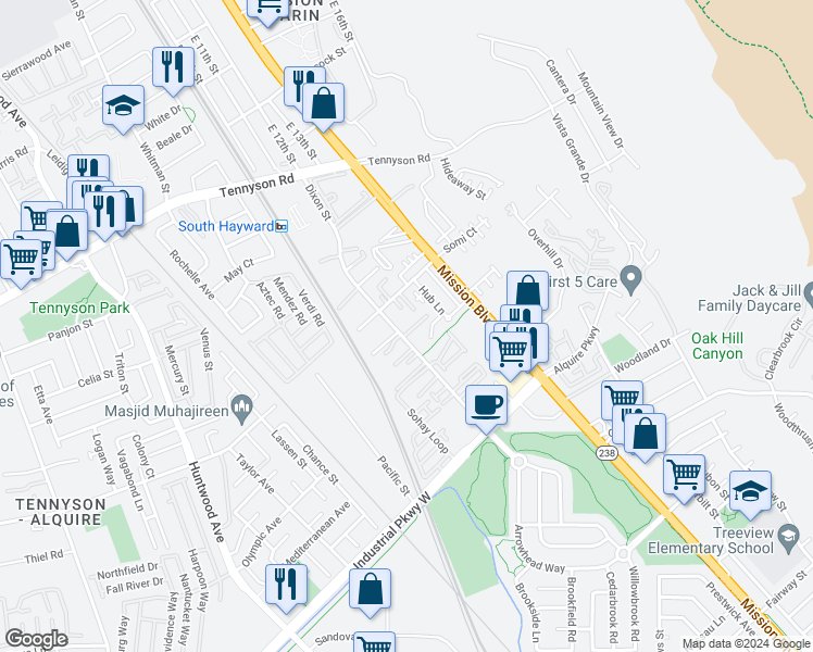 map of restaurants, bars, coffee shops, grocery stores, and more near 29318 Dixon Street in Hayward
