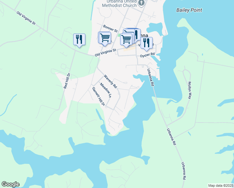 map of restaurants, bars, coffee shops, grocery stores, and more near 356 Waverly Road in Urbanna